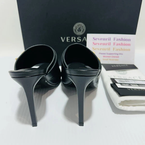Versace Virtus Leather Open Toe Mule Heel Sandal Black Gold Size 38/8 NIB $900