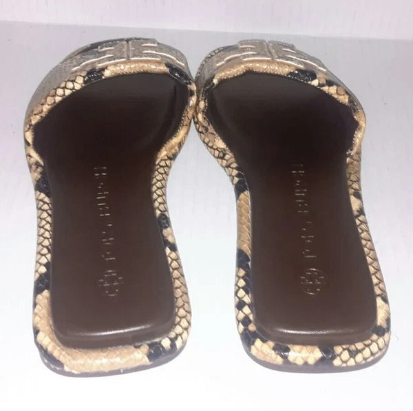 TORY BURCH DOUBLE T SPORT SLIDE snake-print leather Sandals Size 7.5
