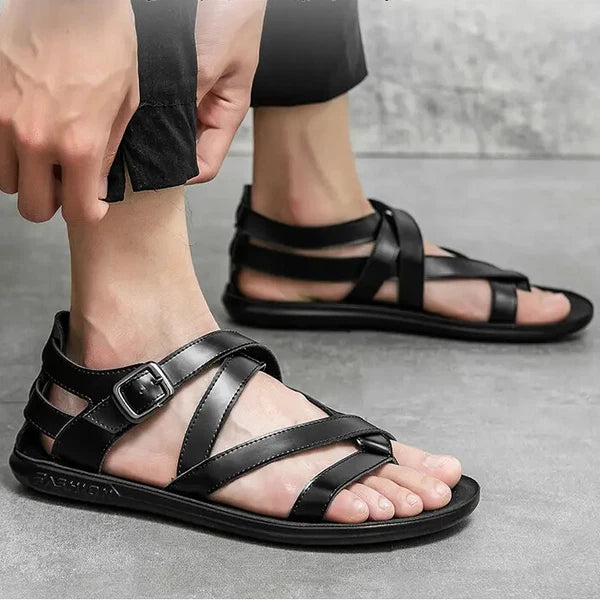 38-45 Mens Flip Flops Buckle Sandals Flat Shoes Summer Roman Style PU Leather