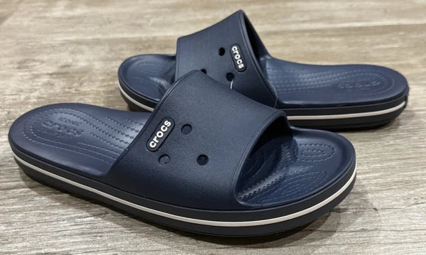 NEW CROCS WOMEN 7 CROCBAND III SLIDE. NAVY / WHITE. STYLE 205733