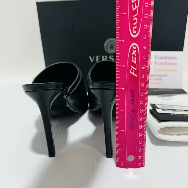 Versace Virtus Leather Open Toe Mule Heel Sandal Black Gold Size 38/8 NIB $900