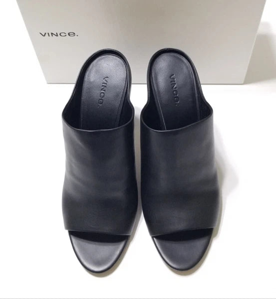 NIB Vince Alora Leather Block Heel Slide Sandal in Black Size 9 $295