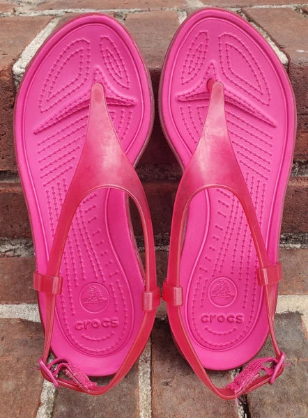 🐊CROCS●Sexi💋Serena●Flip Flop/ Thong/Slingback●Sz.7●Good/Clean Cond●HOT PINK💗