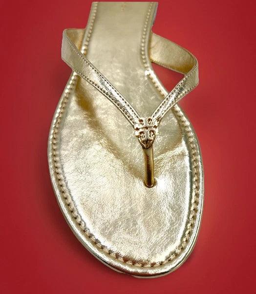 TORY BURCH CLASSIC FLIP FLOP CRINKLE METALLIC LEATHER SPARK GOLD SZ US 10 NIB
