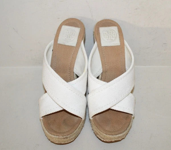Tory Burch Wedge Kristen Sandal Wedge Heel Sz 8 M Gold Signature Logo White