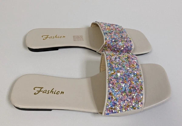Womens 9.5 Iridescent Bling Rainbow Glitter Sequin Slip On Sandal Slides