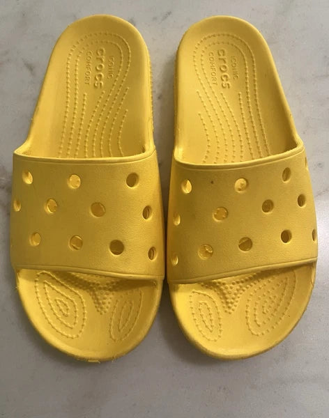 UsedVeryGood_Crocs Unisex Classic Two-Strap Slide Sandals_Yellow_Sz7Women/5 Men