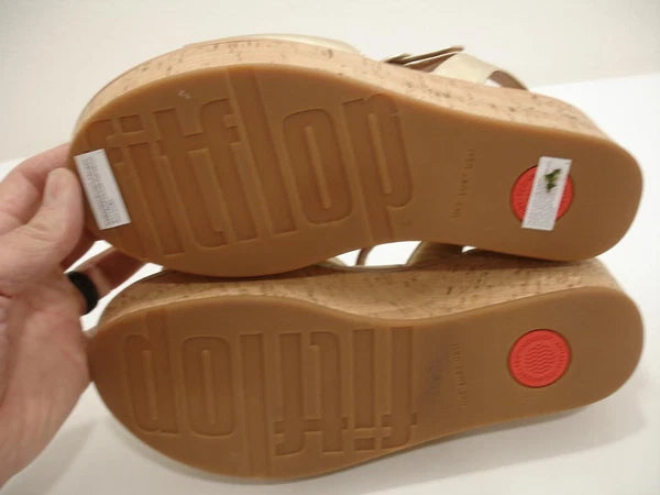 Womens 11 M FitFlop Eloise Platino Metallic Gold Cork-Wrap Leather Wedge Sandals
