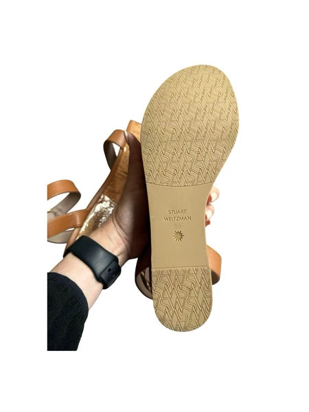 Stuart Weitzman Avenue 65 Platform Wedge Sandal Almond Tan Leather Cork Sz 8.5
