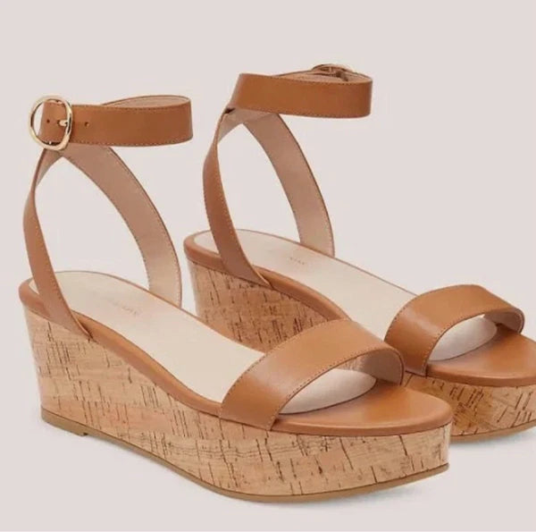 Stuart Weitzman Avenue 65 Platform Wedge Sandal Almond Tan Leather Cork Sz 8.5
