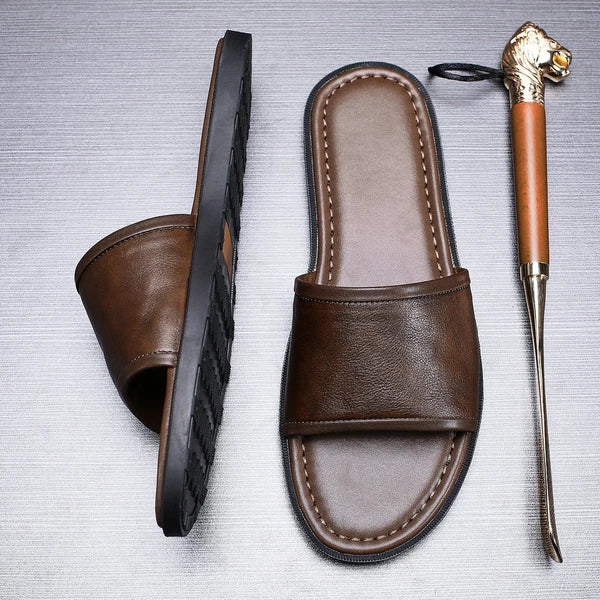 Roman Style Mens Open Toe Sandal Slippers Real Leather Flat Shoes Summer Outdoor
