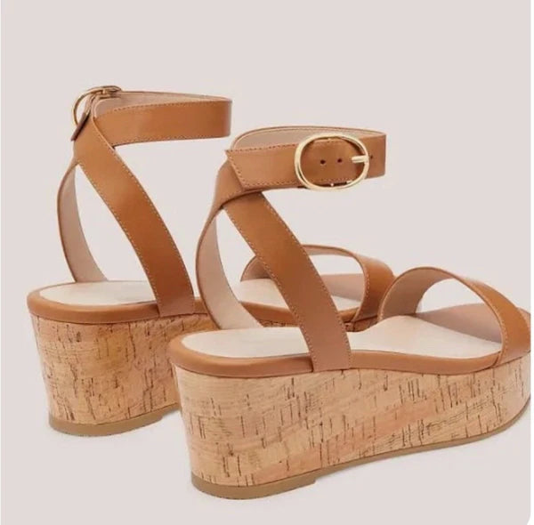Stuart Weitzman Avenue 65 Platform Wedge Sandal Almond Tan Leather Cork Sz 8.5