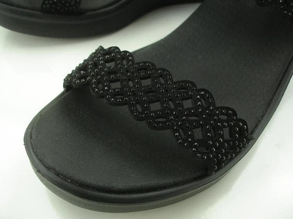 Women's 8 M Skechers Rumble On Sassy Dayz Sandals 119147 Black Wedge Heel Beaded