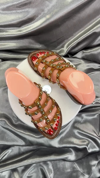 Sam Edelman Juniper Sandals Womens 5.5 Brown Studded Heeled Slide Gladiator BOHO