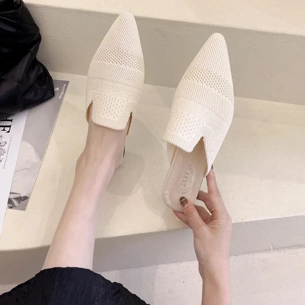 Summer Women Knitted Slides New Elegant Mesh Breathable Med Heel Slippers Slides