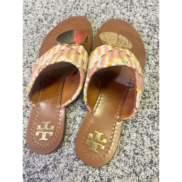 Tory Burch Woven Braided Leather Thong Sandals Gold Medallion Slides Boho Resort