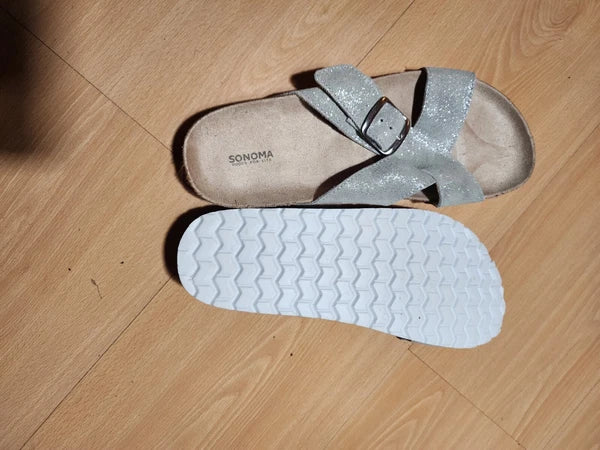 Sonoma Silver Suede Buckle Slide Footbed Sandals Size 9.5 Style Tarragon
