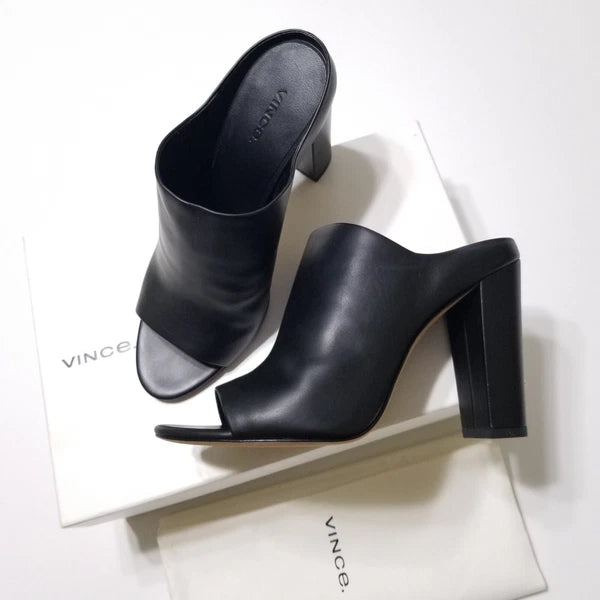 NIB Vince Alora Leather Block Heel Slide Sandal in Black Size 9 $295