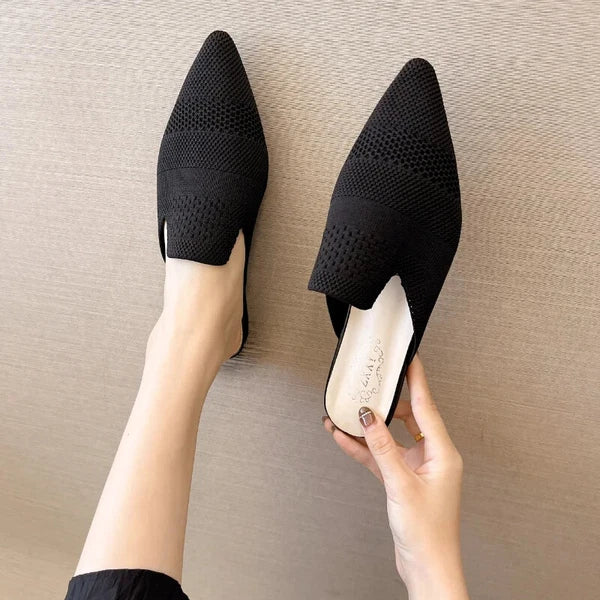Summer Women Knitted Slides New Elegant Mesh Breathable Med Heel Slippers Slides