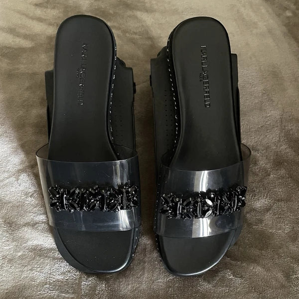 Resort Wear Slip On Vacay Beach Karl Lagerfeld Paris Sandal 9.5 Black Clear Top