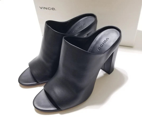 NIB Vince Alora Leather Block Heel Slide Sandal in Black Size 9 $295