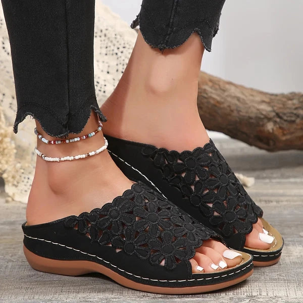 Women Elegant Floral Comfort Sandals – Hollow-Cut Stylish Wedge Versatile Slides