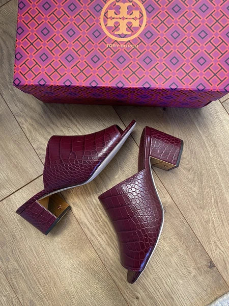 TORY BURCH MARTINE  croco emboss slide sandal Burgundy Claret 7.5 C MSRP $406