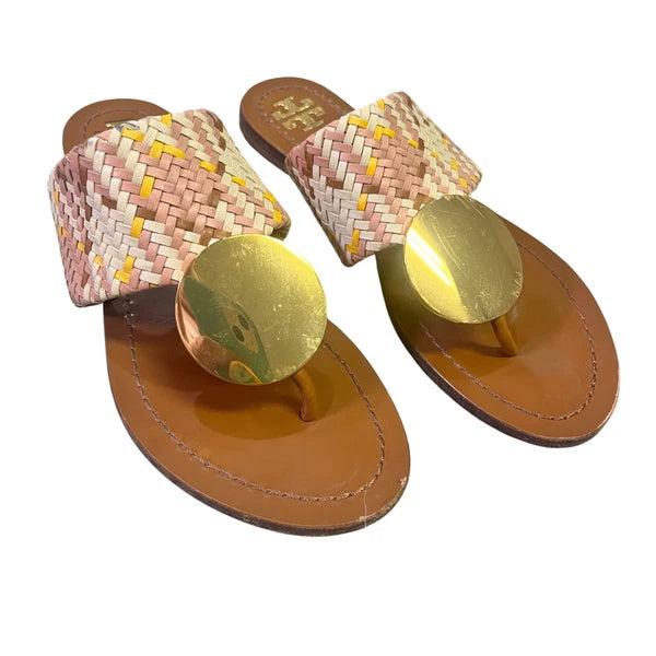Tory Burch Woven Braided Leather Thong Sandals Gold Medallion Slides Boho Resort