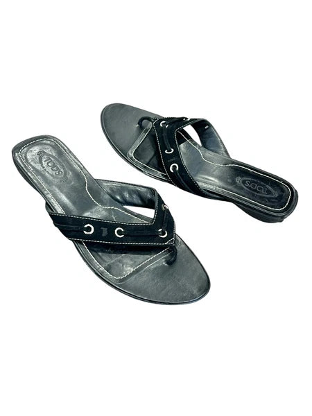 WOMEN'S TOD'S BLACK SUEDE THONGS FLIP FLOP SLIP ON SLIDES SANDALS GROMMET 8