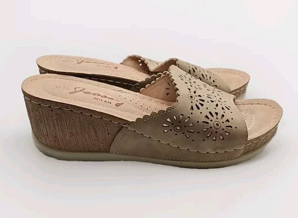 Jeossy Cork Wedge Slides Sandals Beige Women Sz 6 Etherial Soft Girl #163