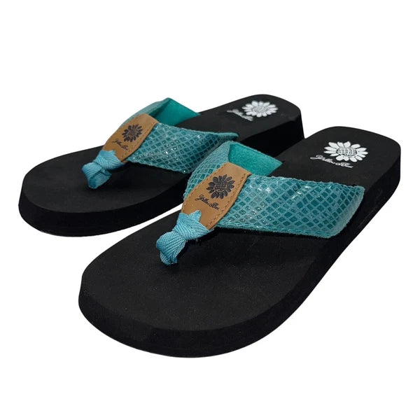Yellow Box Flip Flops Teal Shiny Snakeskin Embossed Shimmer Wedge Sandal Faya