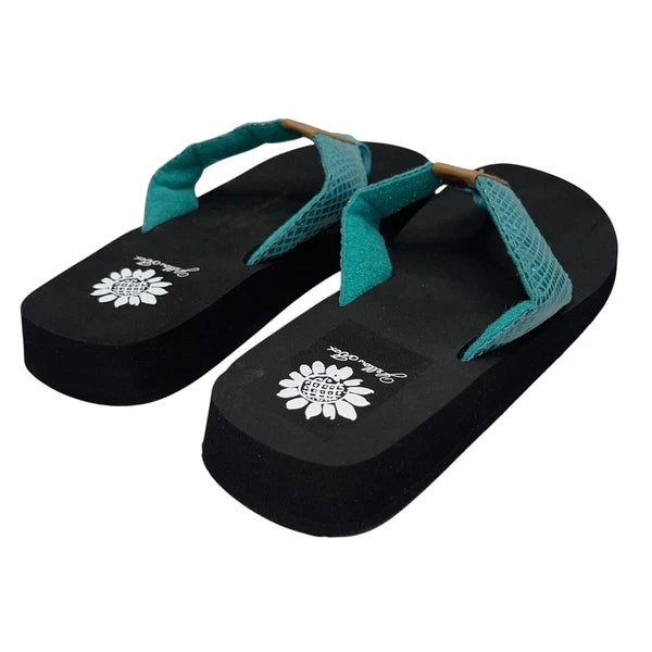 Yellow Box Flip Flops Teal Shiny Snakeskin Embossed Shimmer Wedge Sandal Faya