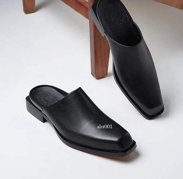 Men's Square Toe Genuine Leather Slippers Fashion Casual Mules Slides Shoes