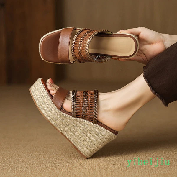 Women's Slipper Hemp Straw Weaving Platform Wedge Heel Mules Slides Sandals Lady