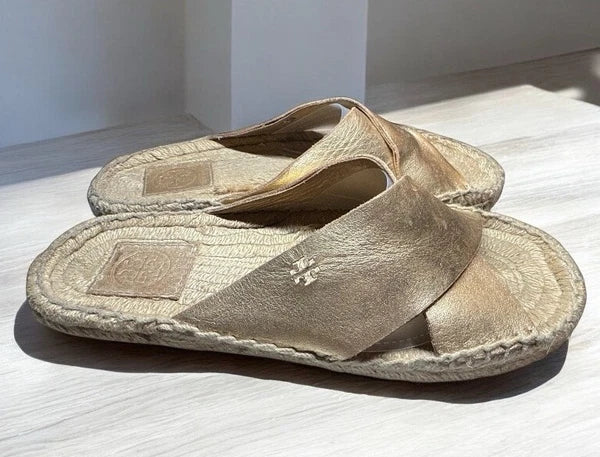 Tory Burch Sz 6.5 Bima Gold Metallic Leather Espadrille Sandals Slides Flats