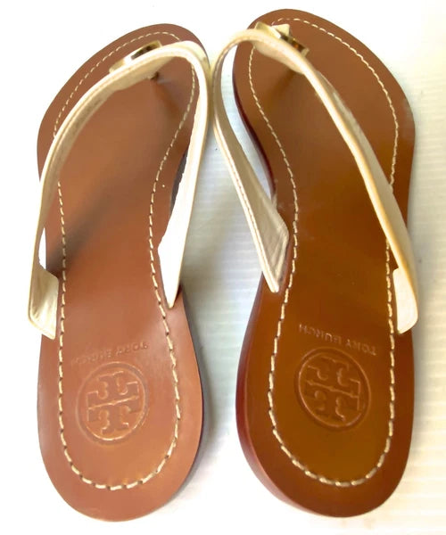 TORI BURCH Women's IVORY LEATHER STRAP FASHION FLIP FLOPS SZ 7M VERY GOOD+ COND.
