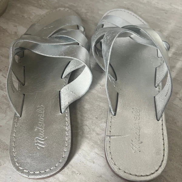 Madewell The Boardwalk Woven Slide Sandals Womens 9 Metallic Silver Open Toe