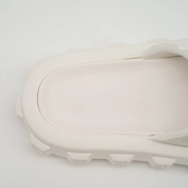 size 38-39 Balmain White Ari Women Rubber Slip On Slides Sandal Embossed Logo