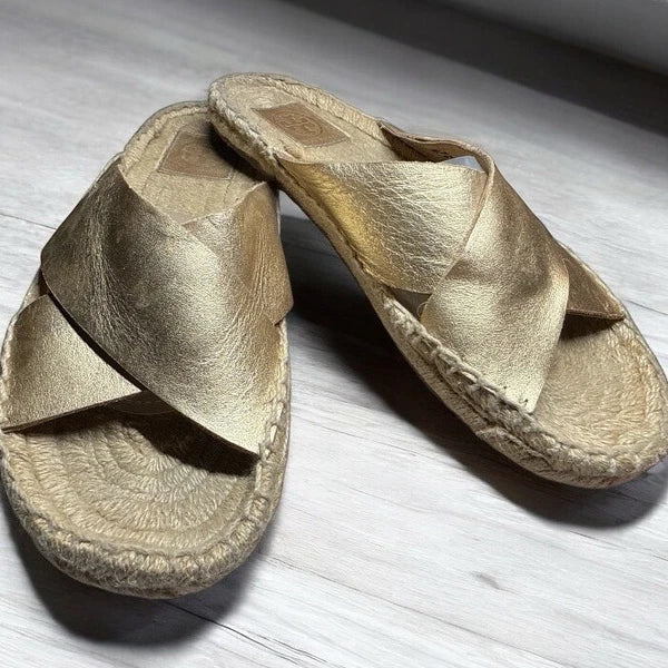 Tory Burch Sz 6.5 Bima Gold Metallic Leather Espadrille Sandals Slides Flats