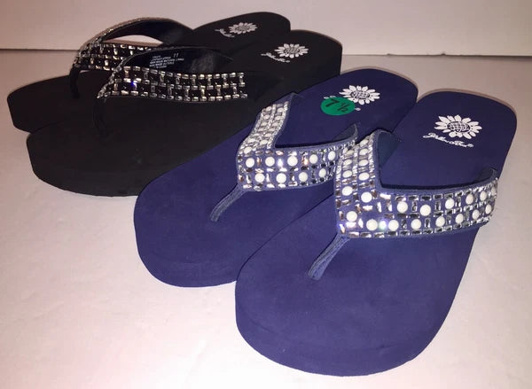 Yellow Box Flip Flops Sandals Women's Touch Wedge Pearl Jeweled Blue Black NWT