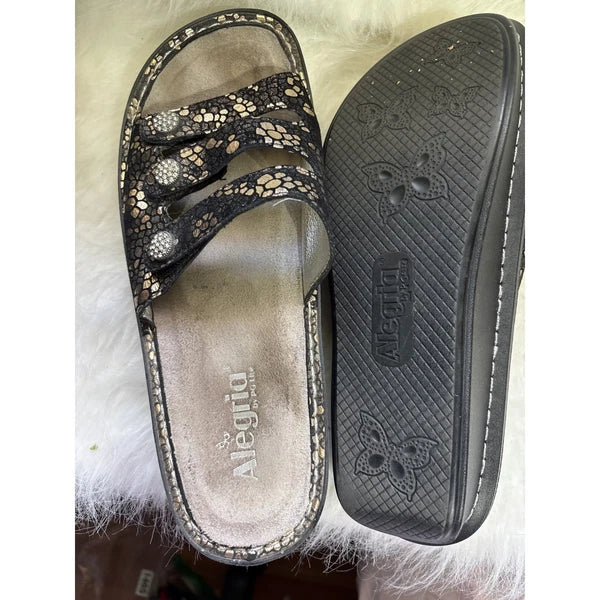 Alegria Black & Gold Leather Rhinestone Embellished Slide Sandals EU 41