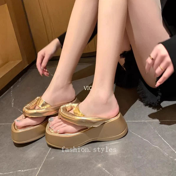 Women's Platform Leather Wedge High Heel Loafer Slipper Shoes Flip-flops Sandals