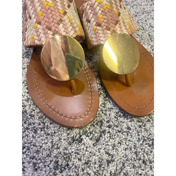 Tory Burch Woven Braided Leather Thong Sandals Gold Medallion Slides Boho Resort