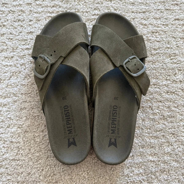 Mephisto KENNIE LODEN Suede Leather Criss Cross Buckle Sandals 9 WOMEN 39