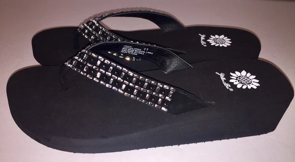 Yellow Box Flip Flops Sandals Women's Touch Wedge Pearl Jeweled Blue Black NWT