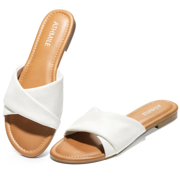 Summer Women's Flat Leather Slides Casual Beach Sandals Size 8
