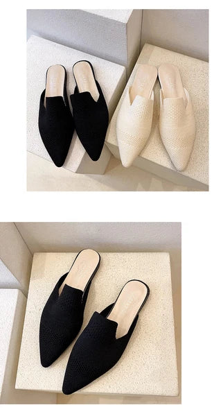 Summer Women Knitted Slides New Elegant Mesh Breathable Med Heel Slippers Slides