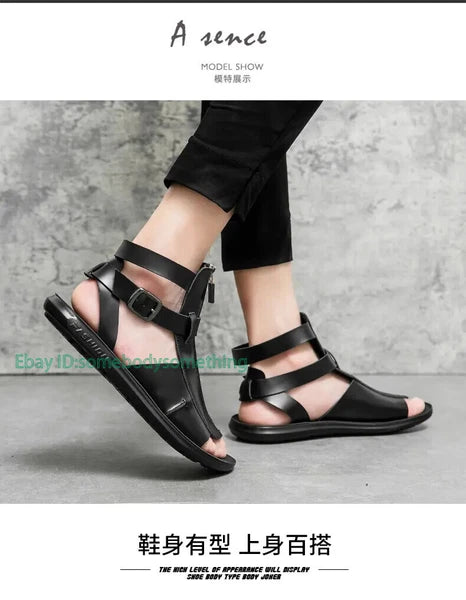 38-45 Mens Slingback Open Toe Buckle Sandals Flats Summer Roman Style PU Leather