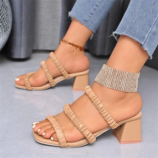 Women's Block Heeled Sandals Fashion Square Toe Braided Comfort Dress Slides