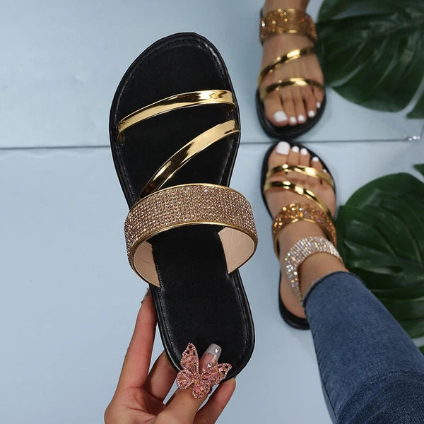 Women's Shiny Rhinestones Flat Slides Fashion Peep Toe Summer Casual Beach Shoes
